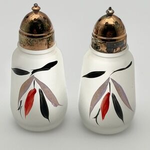 Vintage Hazel Atlas Frosted Glass Salt Pepper Shakers Hand Painted Leaves MCM